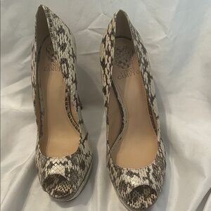 Vince Camuto Snake-Print Peep-Toe Pumps in Beige and Black